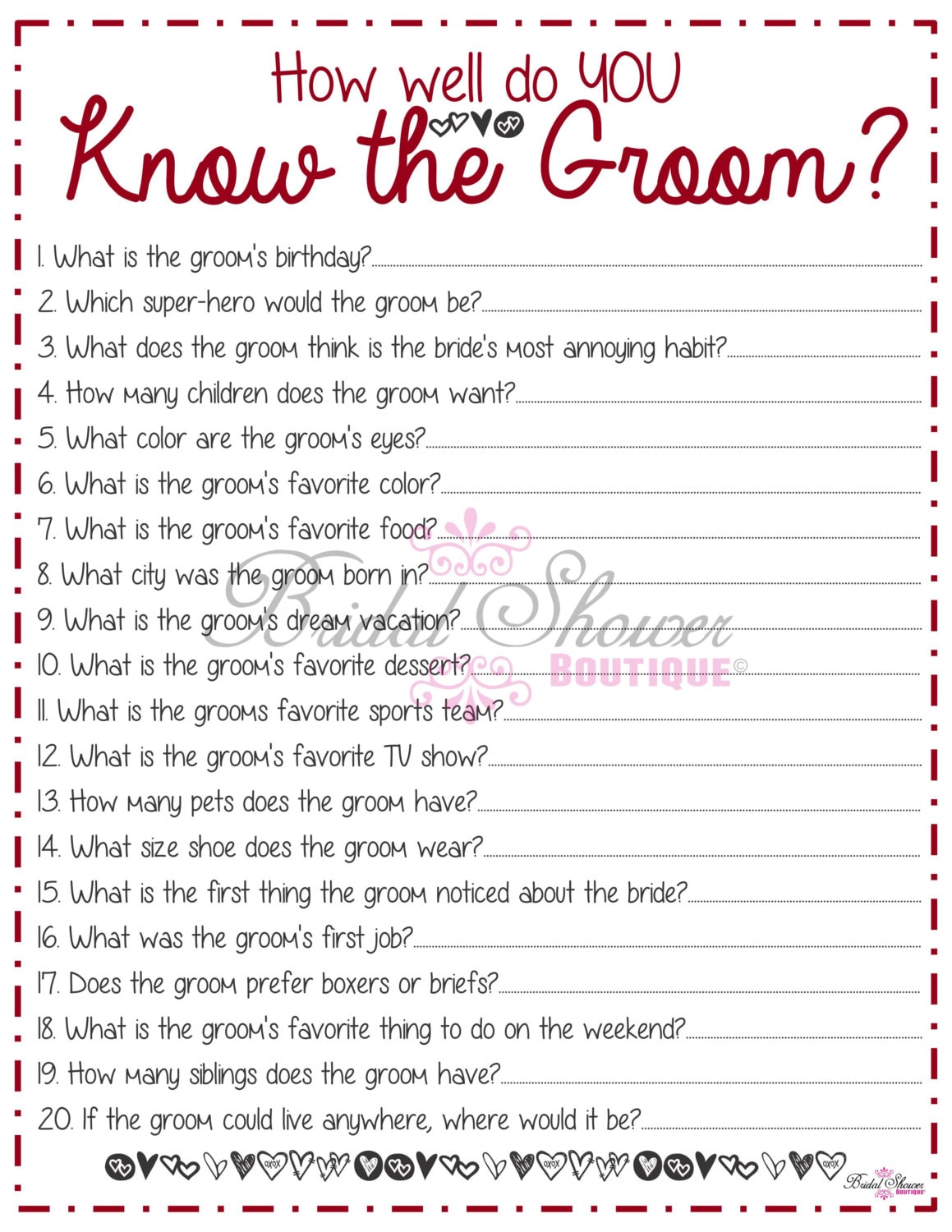 How Well Do You Know the Groom Bridal Shower Game FALL RED