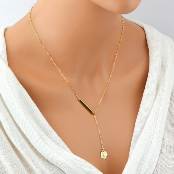 Simple Y Necklace Gold Lariat Necklace Hammered Disc