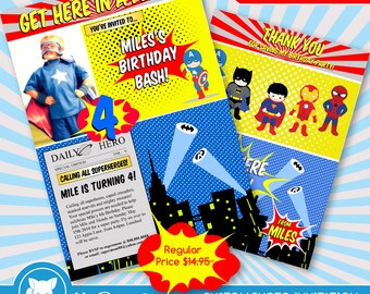50% OFF SALE Super Hero Invitation + Thank you Card Birthday Party / Custom Photo Digital File