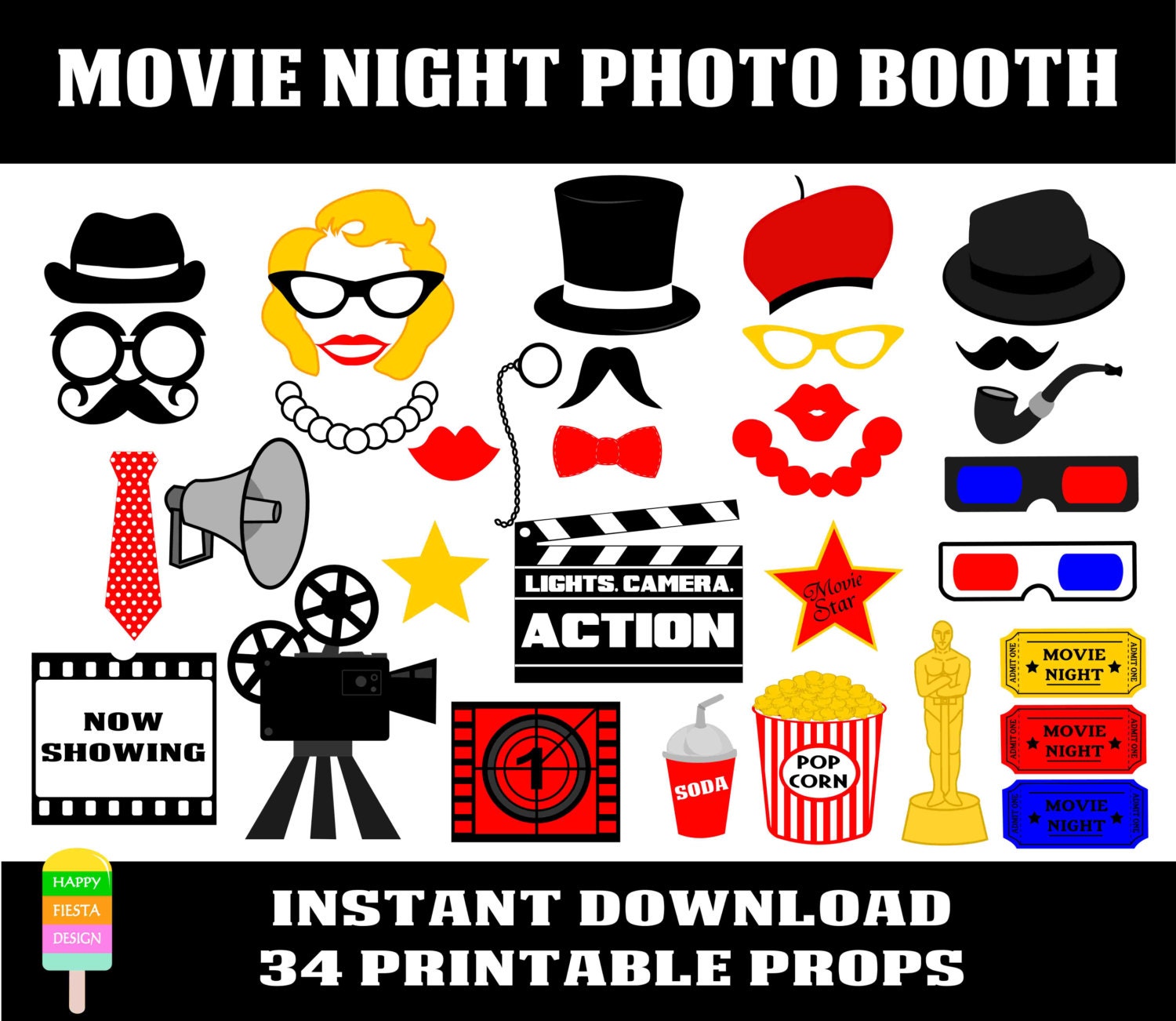movie props photo themed booth Props Photo Pieces37 Booth HappyFiestaDesign Night 46 Movie by