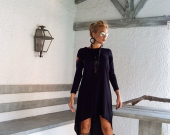Black Asymmetric Dress Blouse Tunic / Plus Size Dress