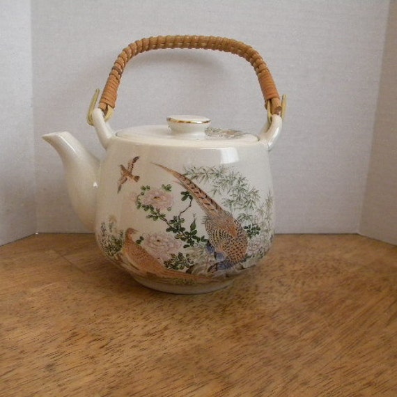 Bamboo Handle Teapot Pheasant Teapot by OurVintageandDesigns