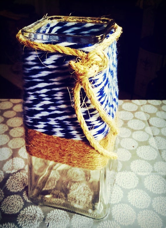 Navy Blue and White Nautical Vase with Rope by RusticWeddingDIY