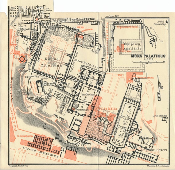 1909 Palatine Hill Rome Italy Antique Map