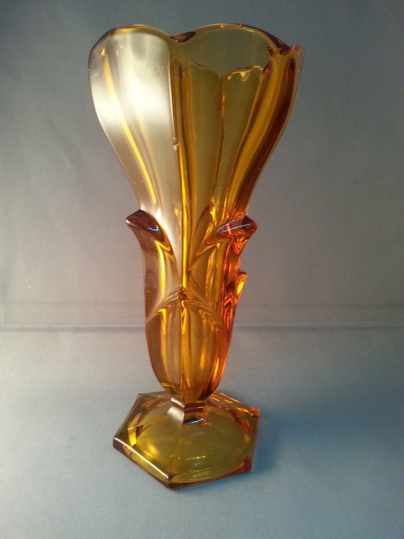 Vintage Art Deco amber pressed glass tulip vase by CarlaCollects