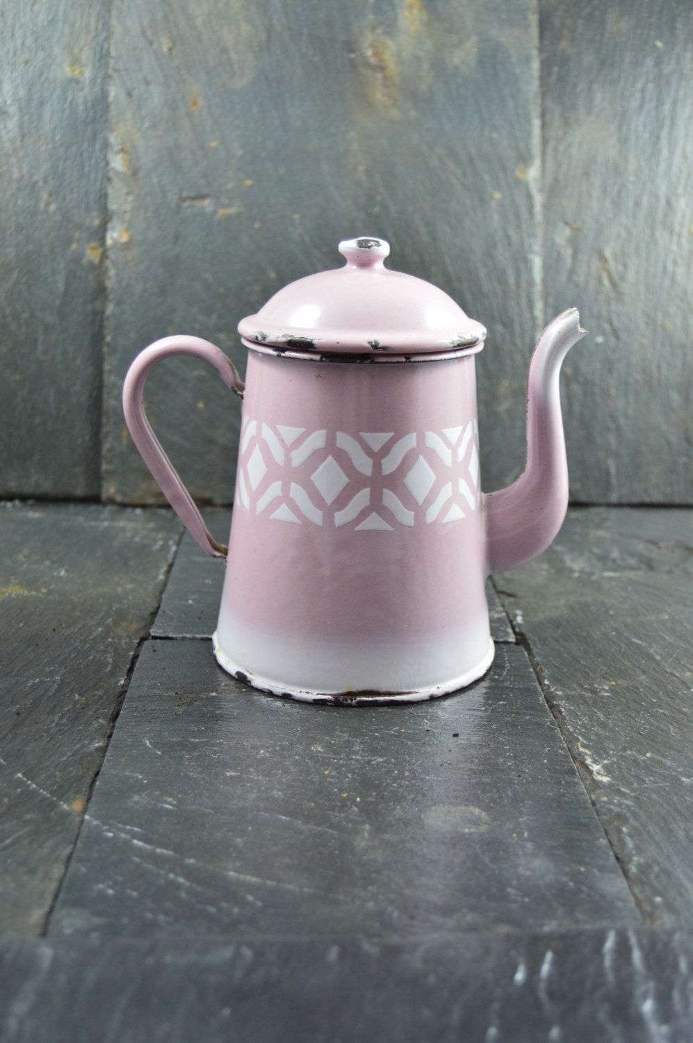 Vintage Enamel pink Pitcher white geometric shapes enamel jug pink
