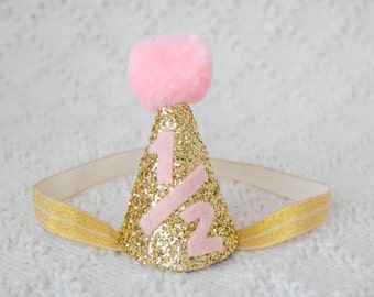 6 Month Old Gold and Light Pink Party Hat, 1/2 Party Hat, 6 Month Birthday, Glitter Hat, Cone Hat, Pom Pom Hat, Baby Party Hat