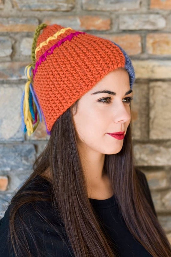 Items similar to Orange knit funky hat knit hats women tassel hat under