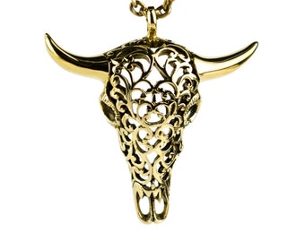 Buffalo Skull Necklace Jewelry Golden Color Bronze Pendant with Chain Gothic Steampunk - FPE008 T2