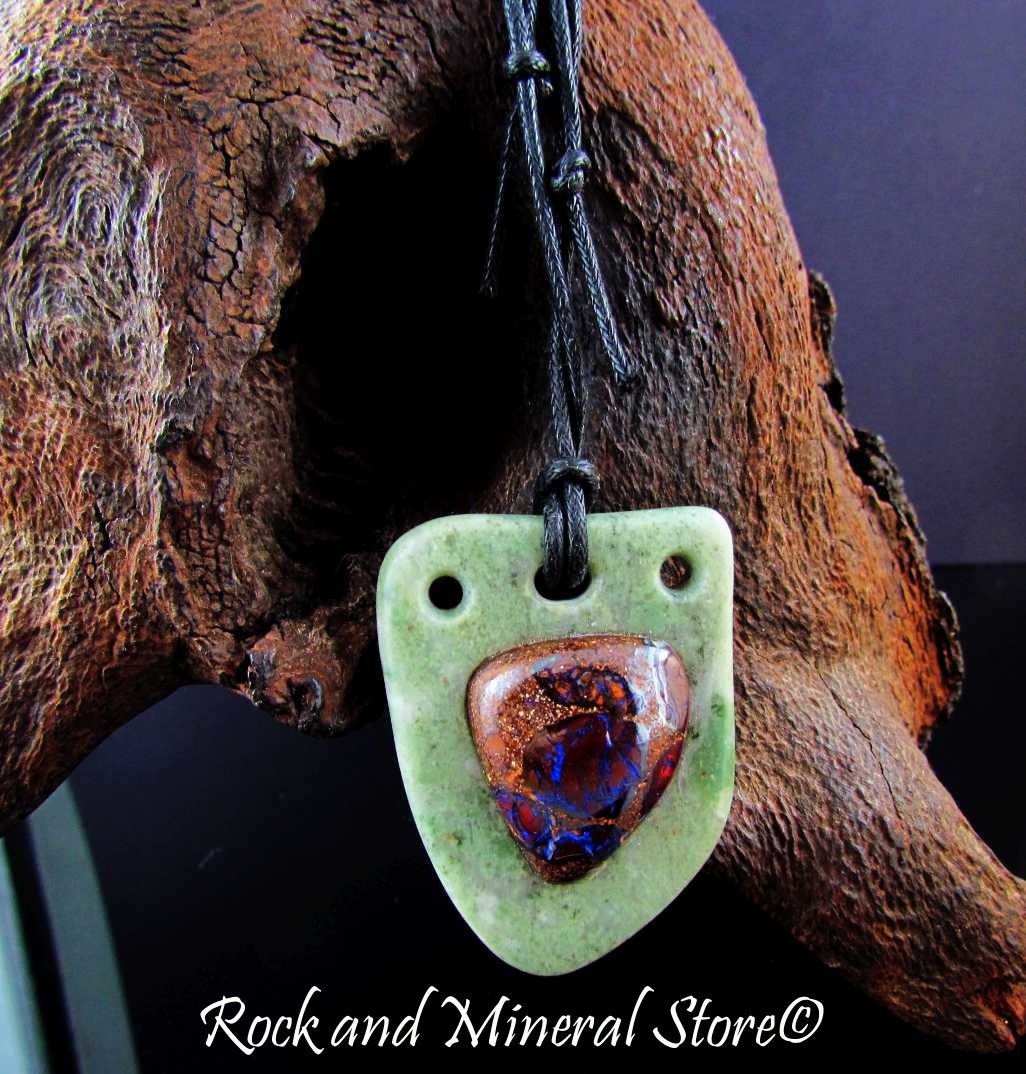 Koroit Boulder Opal Pendant Australian Jade Nephrite Cowell