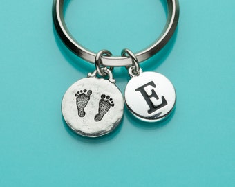 Baby Footprints Keychain, Baby Feet, Baby Footprints Key Ring, Baby Memento, Initial Keychain, Personalized Keychain, Custom Keychain, 23