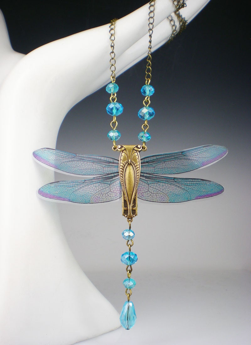 Dragonfly Necklace Aqua Art Nouveau Vintage Inspired Dragonfly