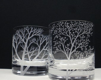 2 Double Old Fashioned Hand Engraved 'Branches and Leaves' and 'Reaching Branches' Crystal Glass Bar Ware