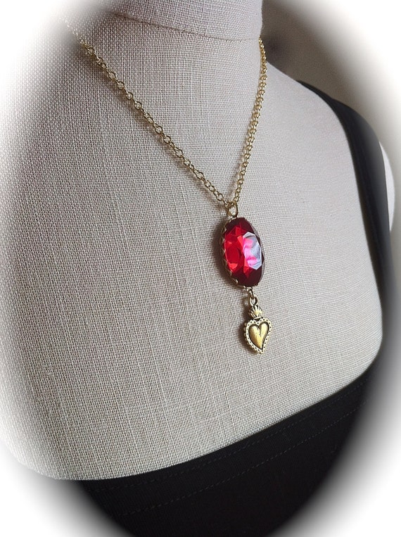 Gold Flaming Sacred Heart Necklace Ruby Red Ex by GracieWieber