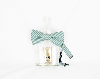 Finn - Turquoise Green/White Stripe Linen Men's Pre-Tied Bow Tie or Self-Tied Bow Tie