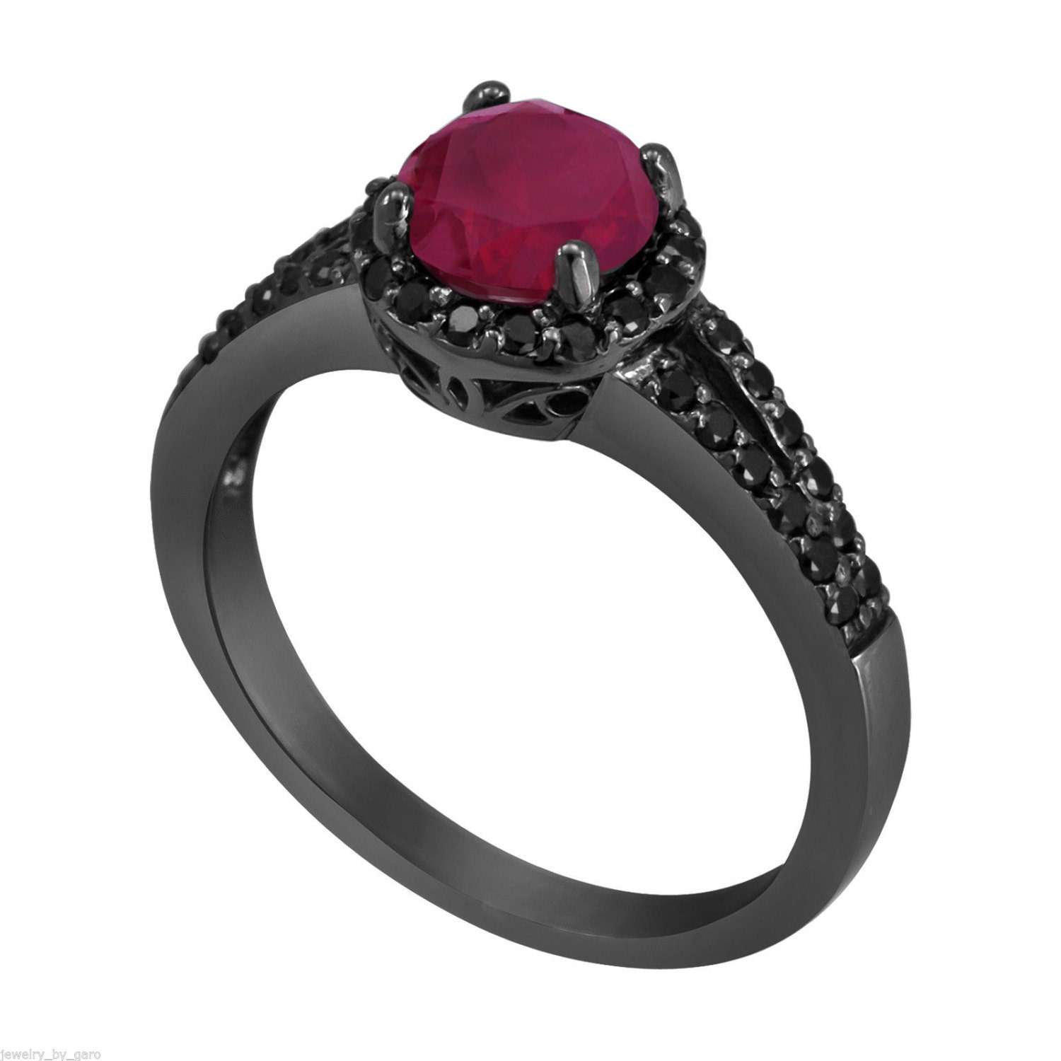 Ruby & Black Diamond Engagement Ring Vintage Style 14k Black