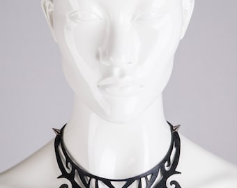 Leather Bib Necklace Cut Out Black Filigree Collar Edgy Fashion Statement Spiky Burning Leather Bib Necklace Cut Out Black Filigree Collar Edgy Fashion Statement Spiky Burning