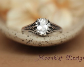 Oval White Sapphire Engagement Ring in Sterling Silver - Vintage-style Sterling Filigree Wedding or Promise Ring - Diamond Alternative