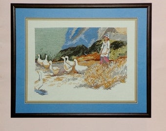 Dawna Barton GIRL WITH GEESE La Fille Des Oies Watercolor Picture - Counted Cross Stitch Pattern Chart