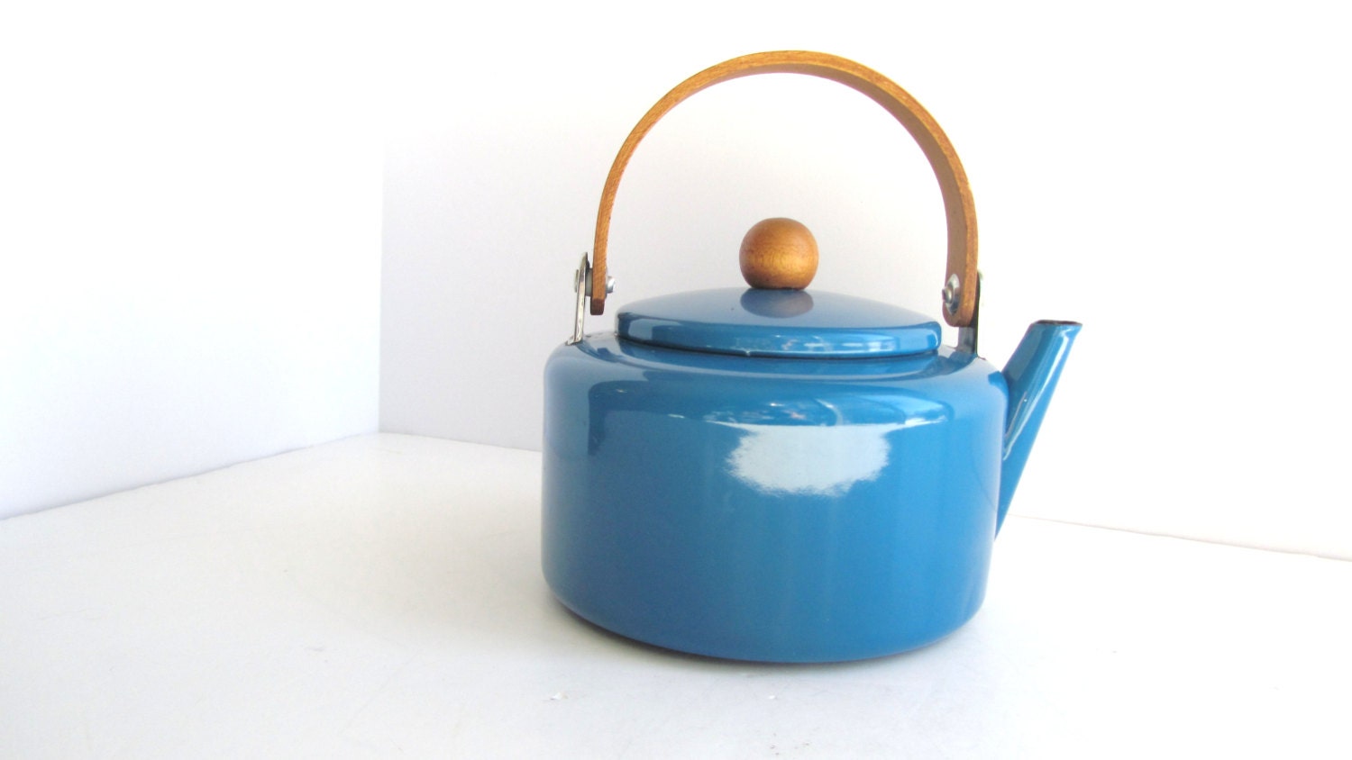 Vintage Blue Enamel Tea Kettle Copco Style Bent Wood Handle