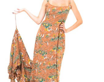 1950s Vintage Pretty Tan Tropical Print Vintage Hawaiian Wedding Dress with Train Size: S/M/L