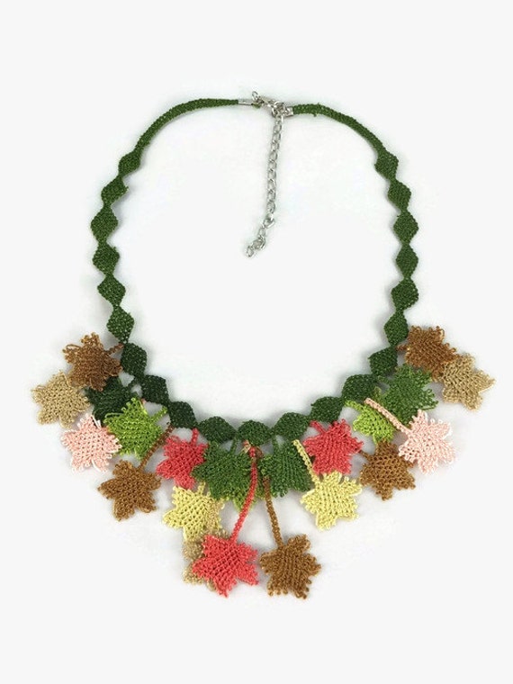 Crocheted Leaves Choker Necklace - Fall Colors - Turkish Oya Jewelry - Multicolor Statement Necklace - Tatted Lace Jewelry