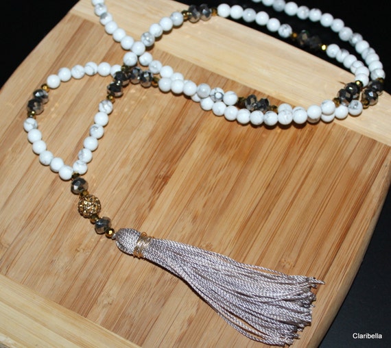 Items Similar To N686 Long Tassel Necklace White Gemstone Beads Gray Tassel Boho Jewelry 2530