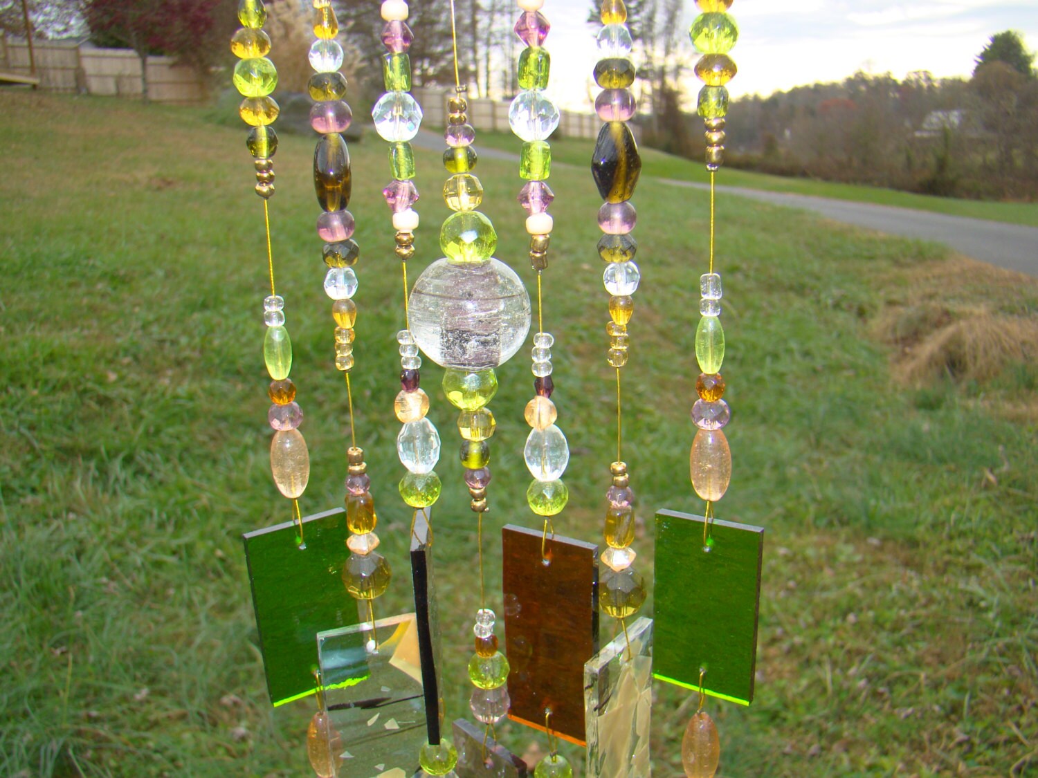 Wind Chime Stained Glass And Bead Sun Catcher Bead Wind Chime Sun Catcher Vintage Pressed Glass Relish Dish Zoom
