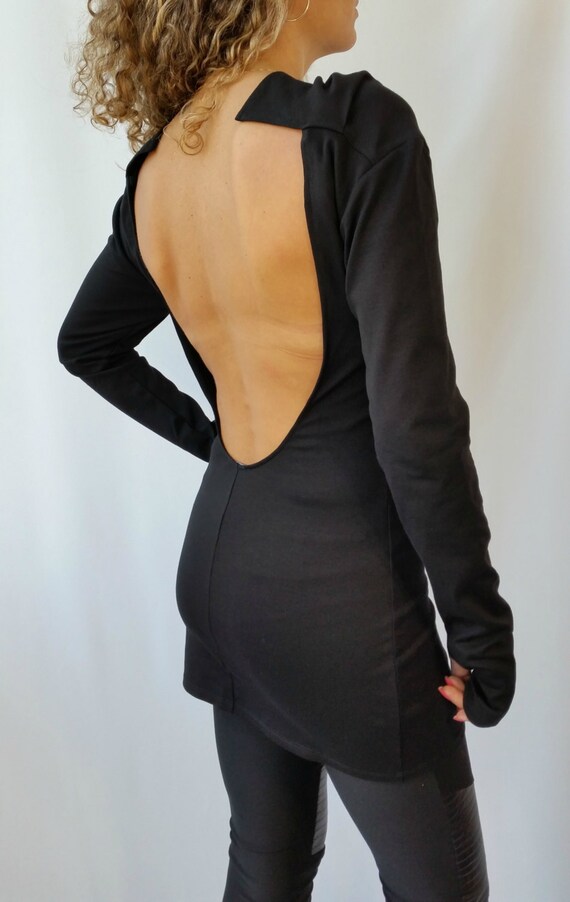 Black Backless Top Women Blouse Long Sleeve Open Back Slim