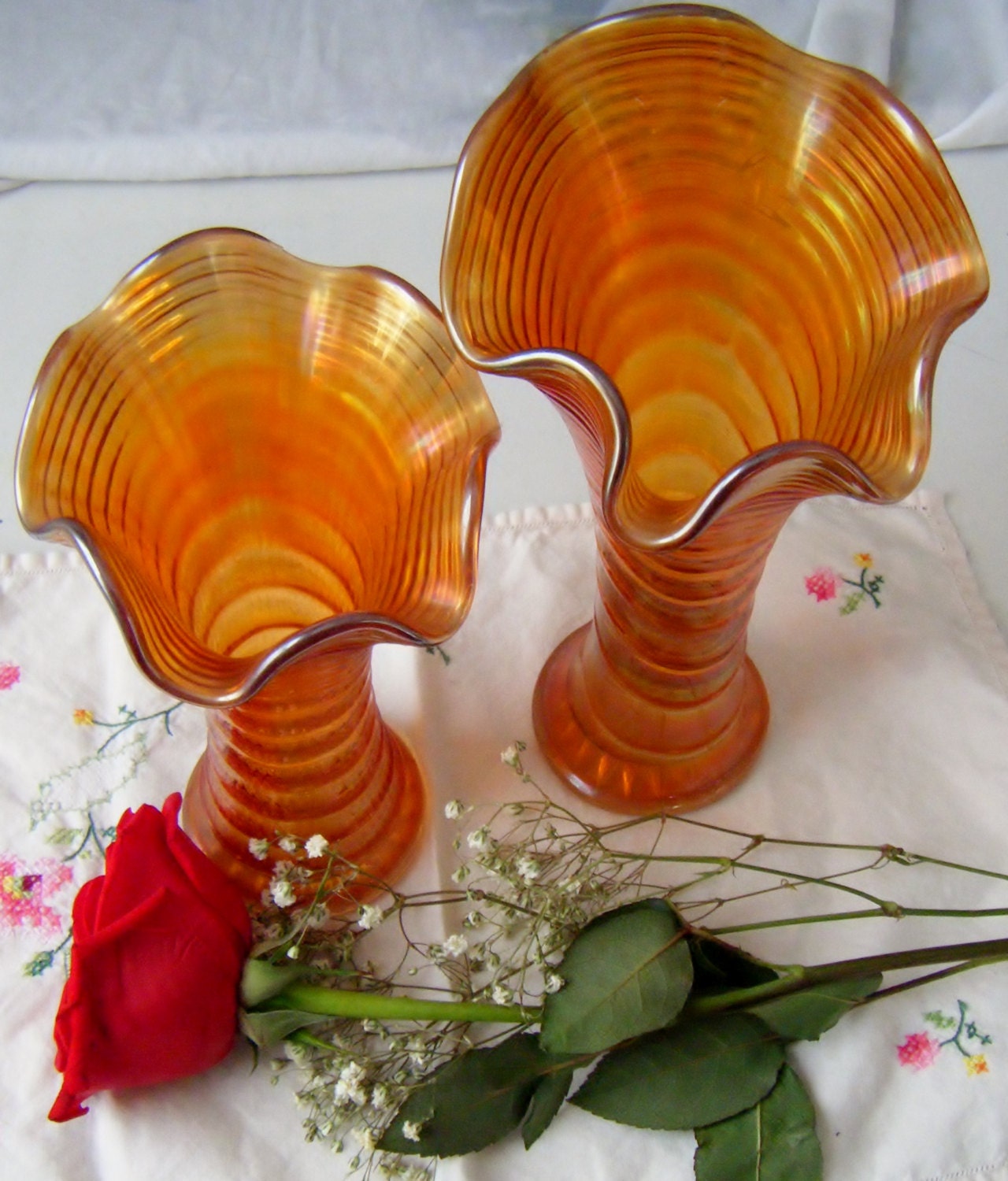 Imperial Rippled Orange Carnival Glass Pair by DauphinTimeCapsule