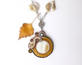 Mother of Pearl Long Brown Soutache Necklace, Shell Necklace, OOAK