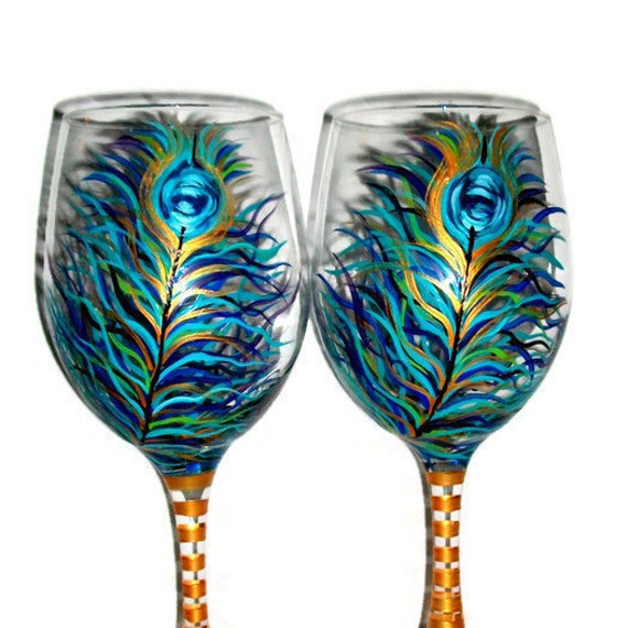 Peacock Feathers Hand Painted Wine Glasses Set 2 20 oz White