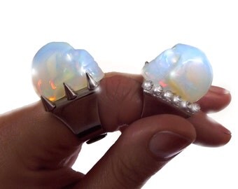 Skull ring, opalite ring, gemstone ring, carved skull ring, silver skull ring, spike ring, punk rock, gothic ring, statement ring, ooak