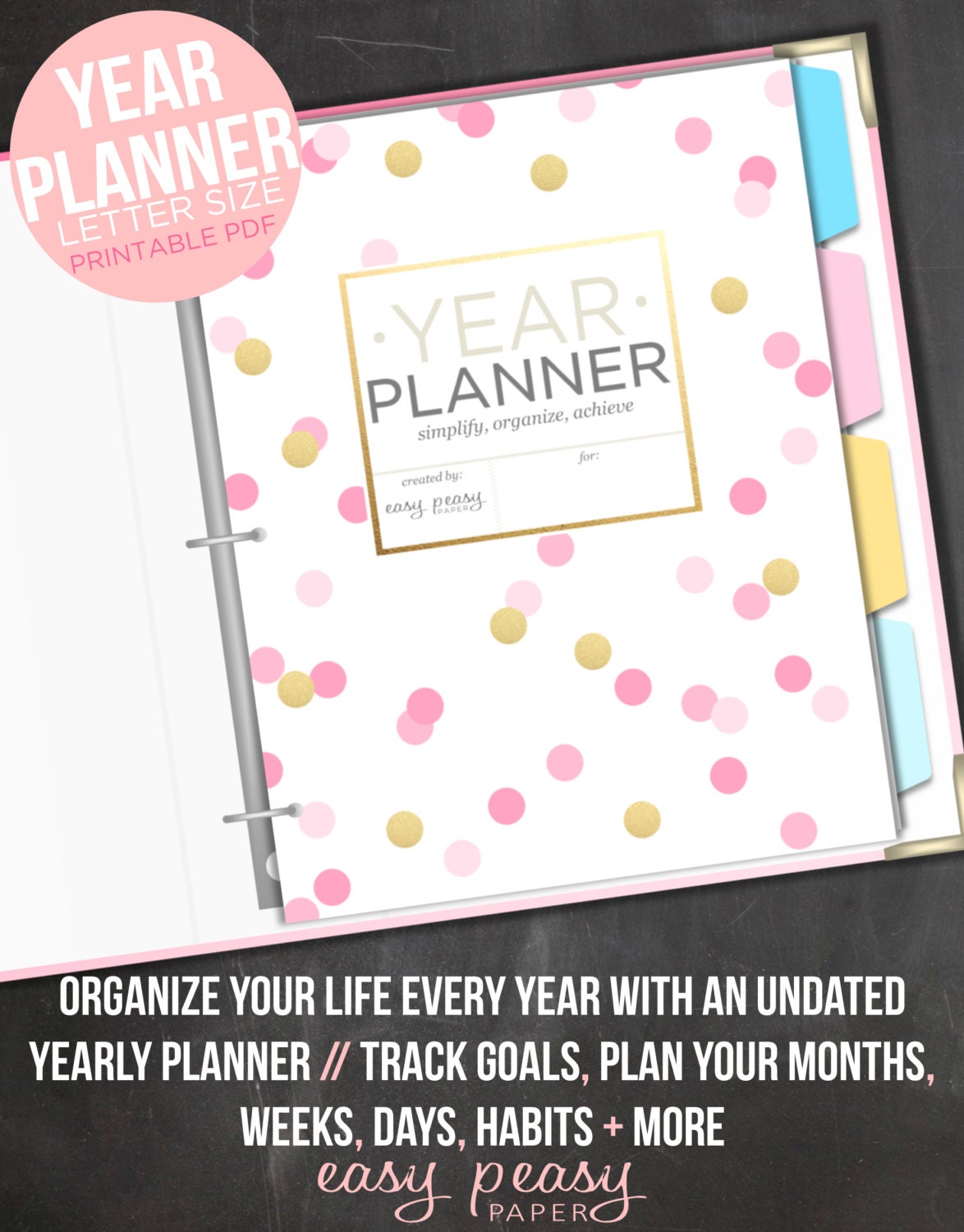 Year Planner PRINTABLE Yearly Organizer 8.5x11 Printable