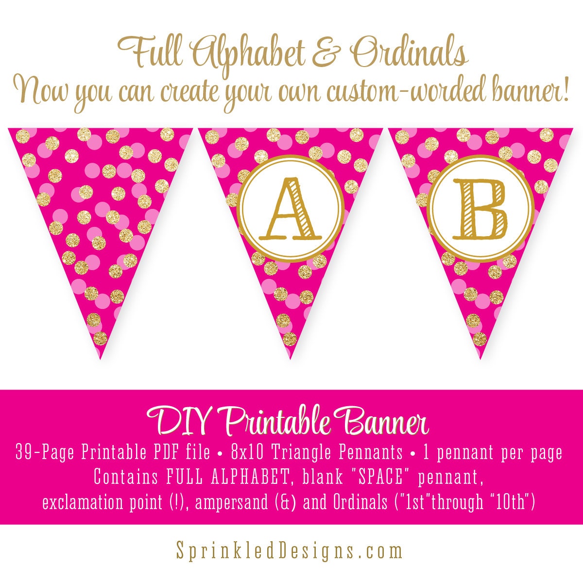 Magenta Bright Pink Gold Glitter FULL ALPHABET Pennant Banner