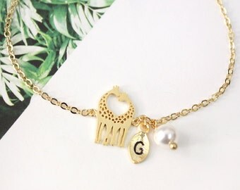 Personalized initial Bracelet, Giraffe Bracelet, Heart Bracelet, Love Bracelet, Couple Bracelet, pearl bracelet