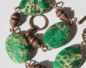Green Bracelet Imperial Jasper Bracelet Beadwork Beaded Bracelet Earthy Copper Bracelet Semi precious Bracelet Gift for her Gift ideas