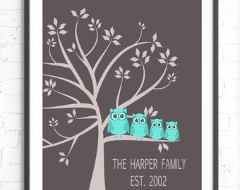 Custom Family Tree, Owl Family Tree, Custom Anniversary Present, Family Tree With Owls, Family Gift, Personalized Art Print, Custom Wall Art