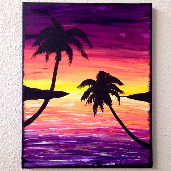 Bright Beach Sunset with Palm Tree Silhouettes acrylic