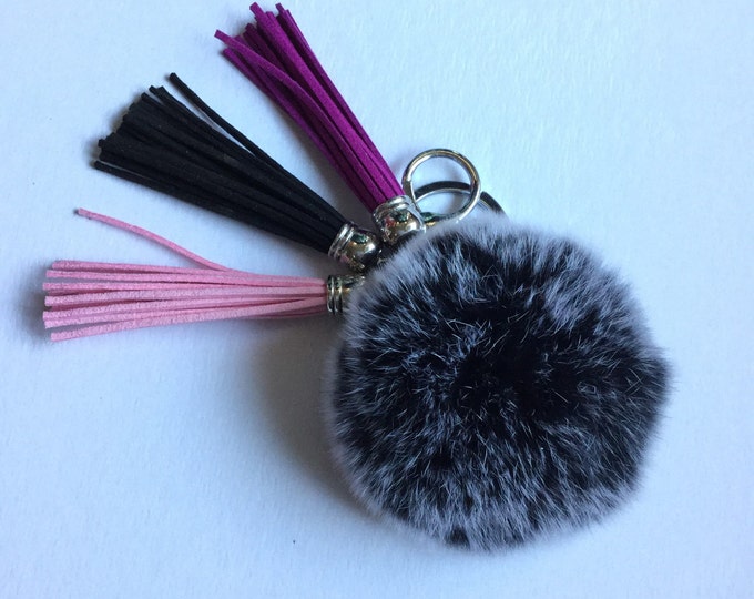 Fur pom pom keychain fur ball bag pendant charm made from Rex Rabbit Fur in frosted black with three 3,5 inch leather tassels