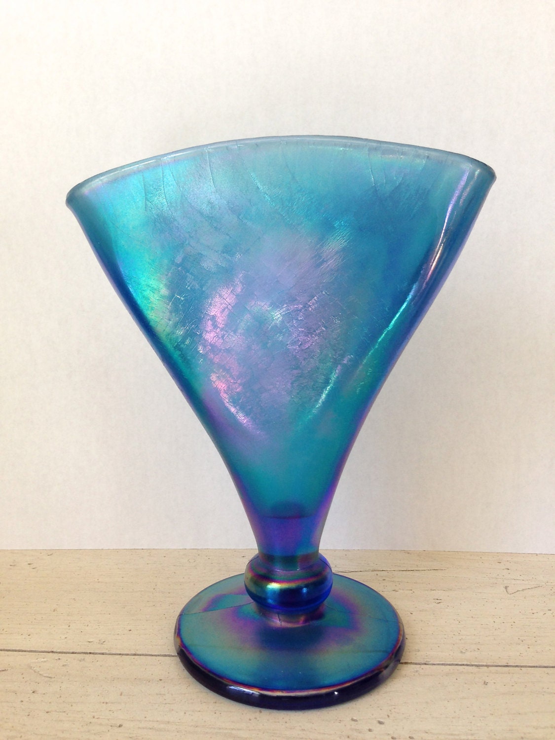 Blue Iridescent Stretch Art Glass Fan Vase by Fenton made for