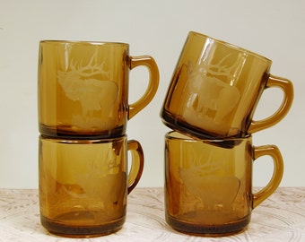 Elk Amber Glass Etched Mugs Set of 4