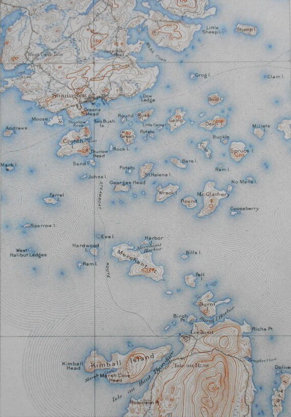1908 Antique Map Stonington & Deer Isle Maine ME. Kimball