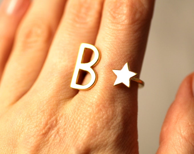 Initial gold ring Monogram ring Personalized name ring Gold ring Open form Star ring Cuff ring Pearl ring Gift idea
