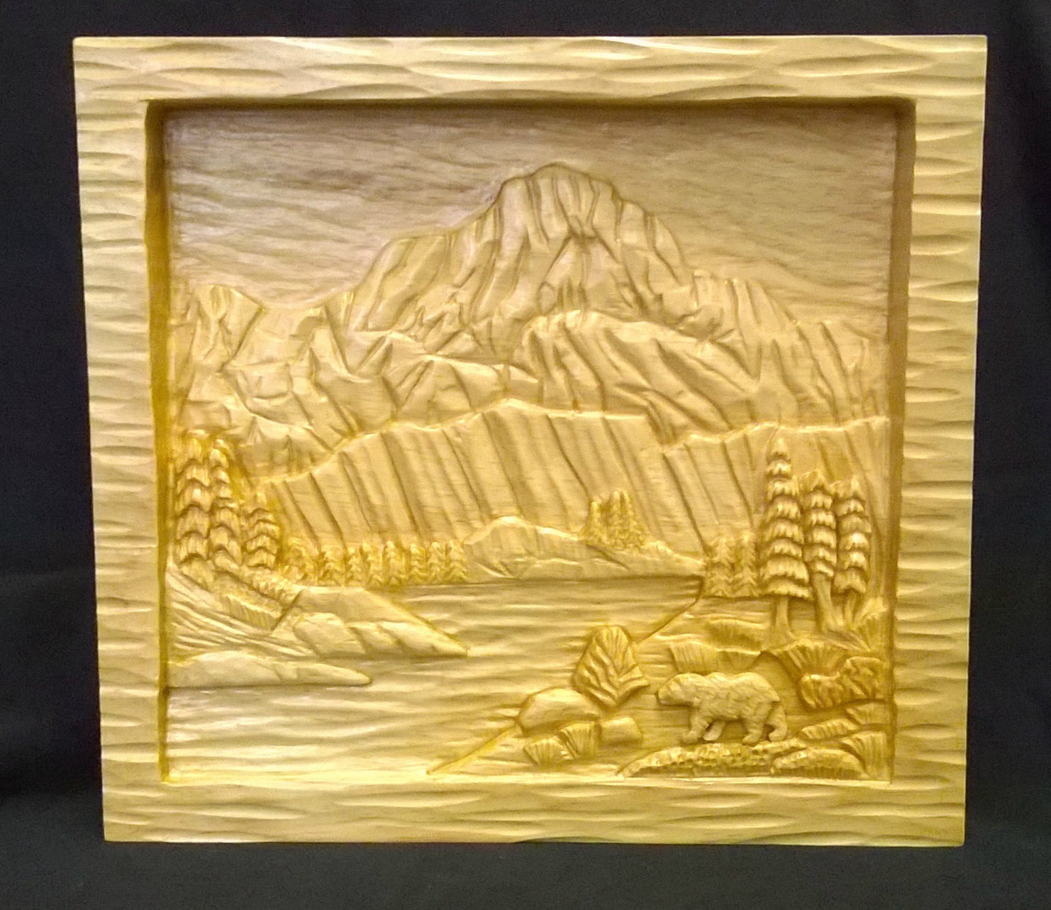 Mountain Lake Relief Carving with Bear on by IdahoWoodCarvings