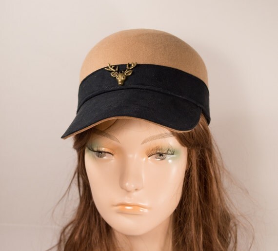 hunter hat with a moose head , beige and black hat, 2015 beige hat, - il_570xN.713837892_qn1o