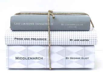 Vintage book set - personalized gift - custom book jackets - custom book covers - gray tones - twine books - decorative books - bookcase