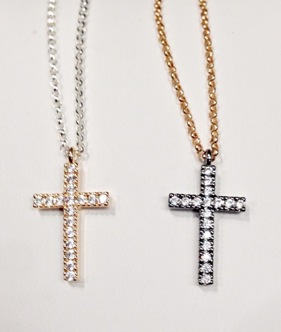 CZ Cross Necklace Gold Vermeil and Rhodium by ShalomJewelry