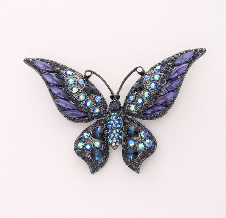 Big Blue Butterfly Brooch Midnight Blue Navy Crystal Butterfly