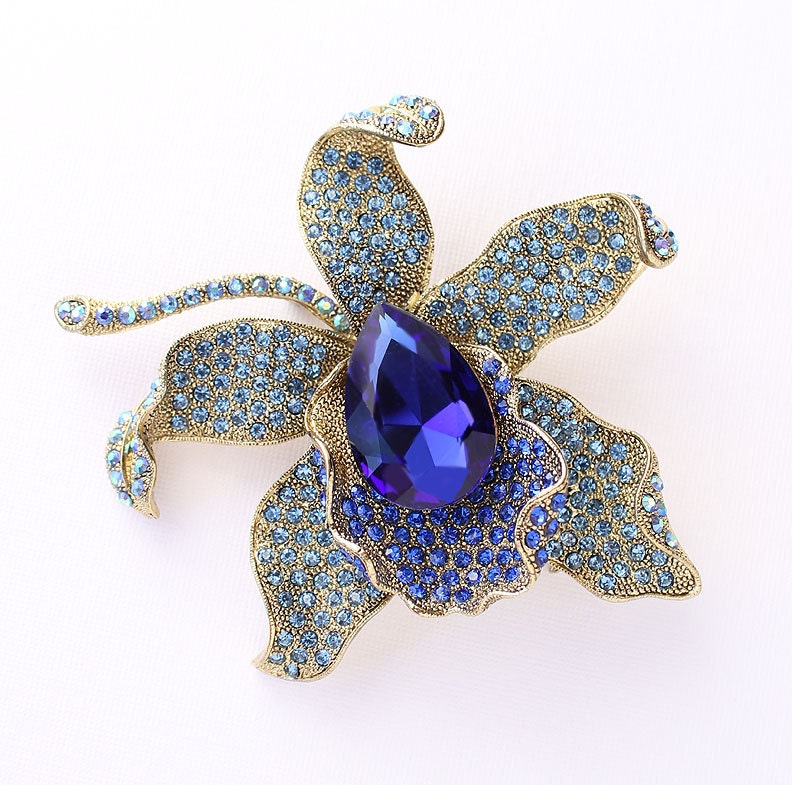 Orchid Brooch Crystal Blue Orchid Bloom Big by PinkFoxFindings